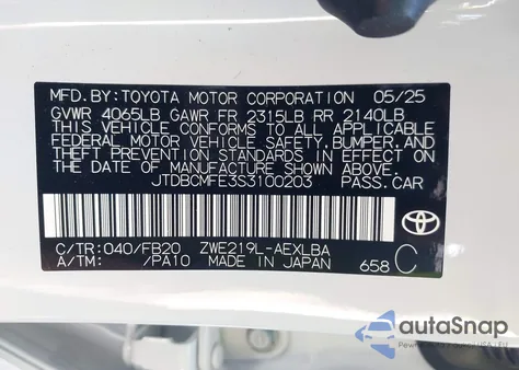 2025 Toyota Corolla Hybrid Le z USA, uszkodzony, nr VIN JTDBCMFE3S3100203
